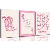 Fashion Pink Bow Wall Art Coquette Preppy Wall Decor Pink Cowboy Boots Painting Picture Lucky Girl Poker Canvas Poster Prints for Girls Dormitory College Apartment Home Decor
