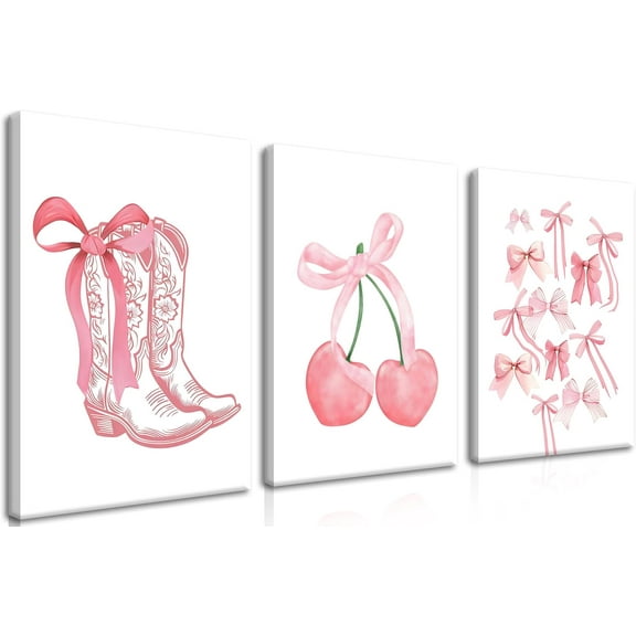 Fashion Pink Bows Wall Art, Preppy Watercolor Cherry Cowboy Boots Wall Decor Posters, Cute Aesthetic Room Decor Canvas Prints Picture for College Girl Apartment Bedroom（Only canvas）