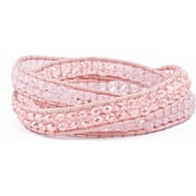 Jewelry by Sweet Pea Fashion Pink Leather Rose Quartz Beaded Multi Wrap Brass Button Bracelet