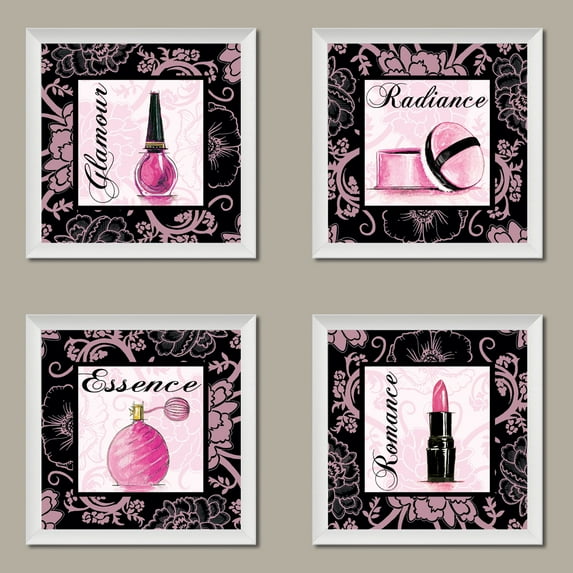 Fashion Pink Romance Makeup Art Print Poster by Gregory Gorham, Four 12 by 12-Inch White Framed Prints; Ready to hang! Black/White/Pink