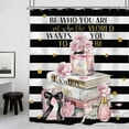 thumbnail image 1 of Fashion Pink Shower Curtain 72Wx84H Inch Extra Long Black White Stripe Modern Women Magazine Book Perfume Flower Girl Positive Quotes Bathroom Decor Fabric Polyester Waterproof 12 Pack Hooks, 1 of 1