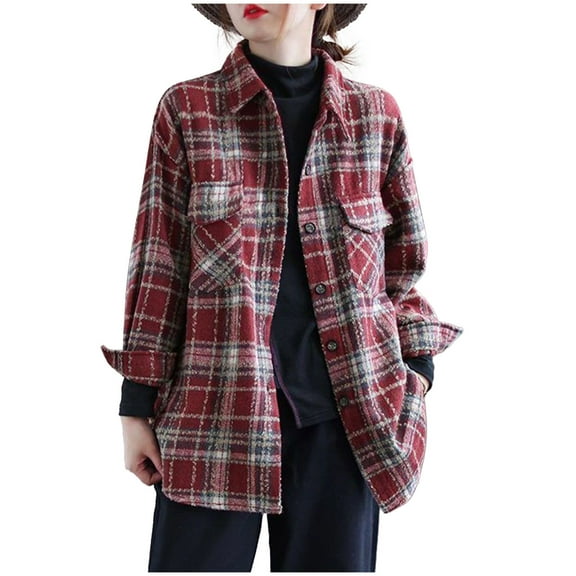 Fashion Plaid Botton Jackets for Womens 2024 Plus Size Plaid Brushed Double Pocket Single Breasted Shirt Long Sleeve Hoodless Casual Outwear & Jackets