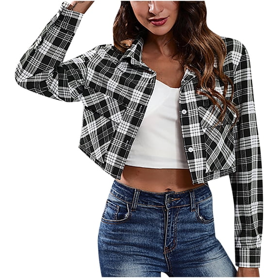 Fashion Plaid Crop Jacket Women Long Sleeve Button Up Shackets Fall Spring Casual Short Coat Outerwear (S, Green)