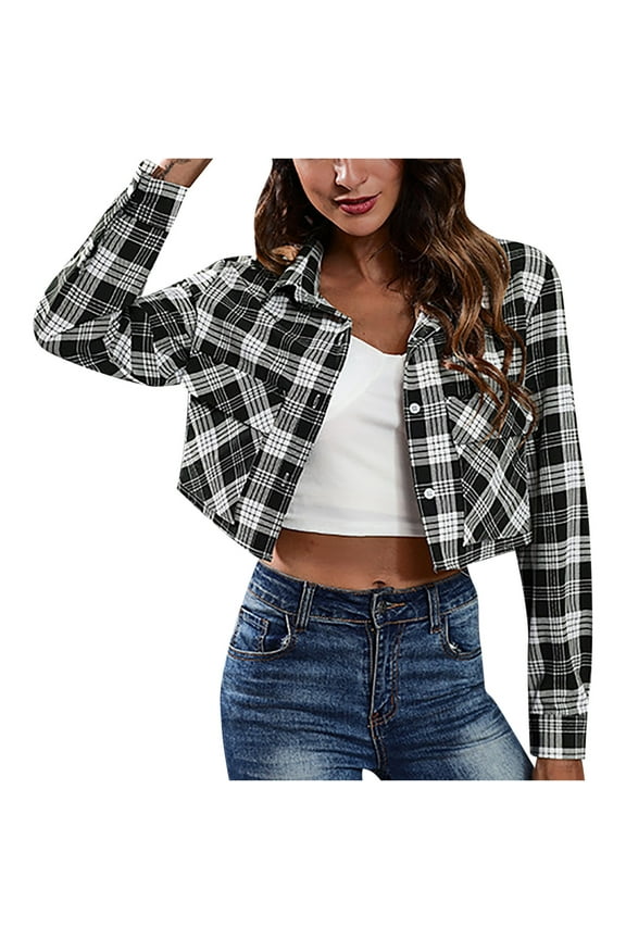 Fashion Plaid Crop Jacket Women Long Sleeve Button Up Shackets Fall Spring Casual Short Coat Outerwear (XL, Green)