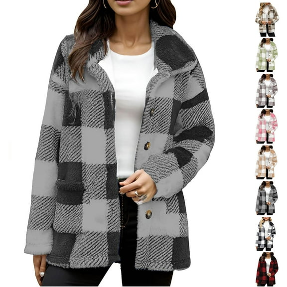 Fashion Plaid Fleece Jackets for Womens Plus Size Solid Color Zipper Pocket Hooded Ear Loose Jacket Long Sleeved Hooded Casual Jacket/jacket