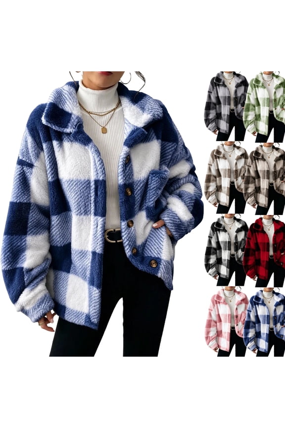 Plaid Jackets for Womens Fleece Fashion Casual Button Turndown Collar Long Sleeve Plus Size Jacket Coat