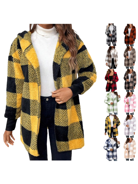 Fashion Plaid Jackets for Womens Casual Sherpa Shacket Zip up Hooded Cardigan Long Sleeve Plaid Fall Winter Teddy Coat