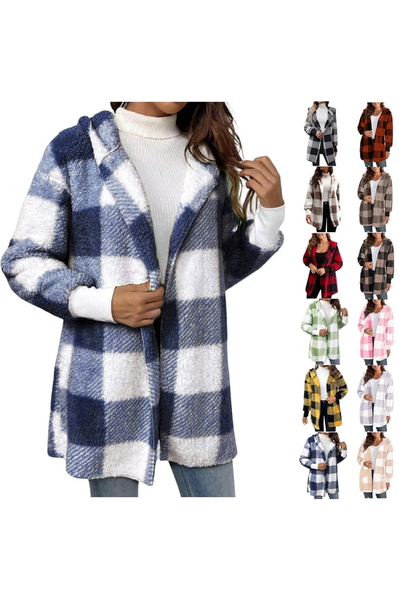Fashion Plaid Jackets for Womens Winter Warm Coat Long Sleeve Plaid Faux Shearling Oversized Jacket