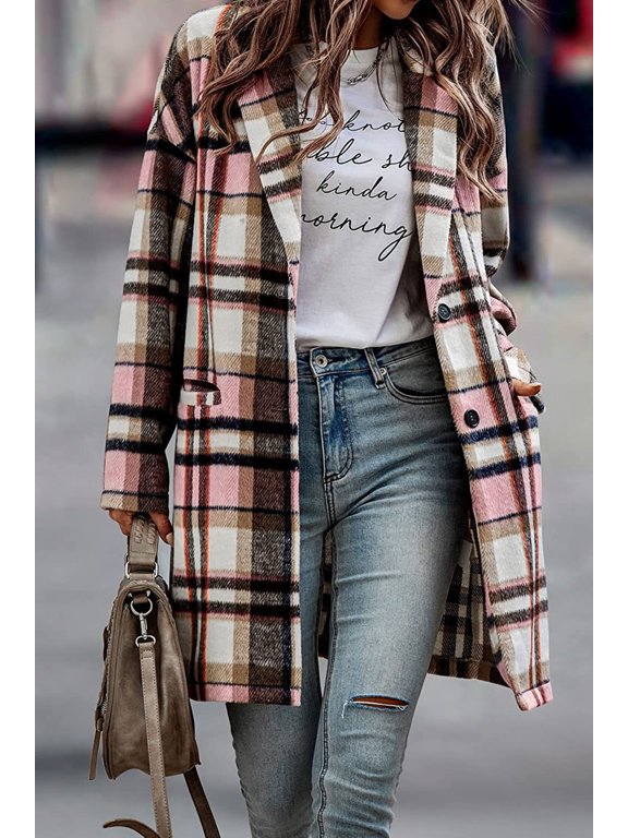 Fashion Plaid Long Jacket With Pockets Autumn And Winter New Style Turndown Collar Woolen Coat Outdoor Women Clothing