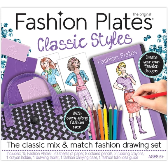 Fashion Plates Classic  Girls Fashion, Mix-and-Match Drawing Kit, Arts and Crafts, Coloring, Art Supplies, Craft Supplies, Stencils, Crayons Included, Create Your Own Fashion Designs, Ages 6+