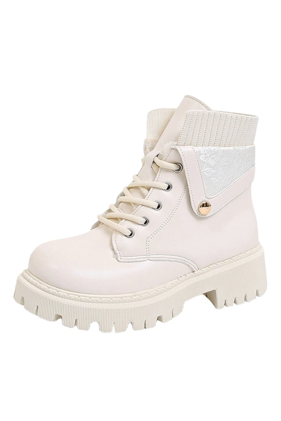 Fashion Platform Fold Combat Boots for Women Wide Toe Box Comfortable Slip On Lace Up Ankle Booties