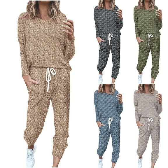 Fashion Plus Size 2 Picec of Sets for Womens Loose Printed Long Sleeved Round Neck Drawstring Casual Set