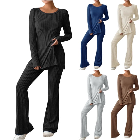Fashion Plus Size 2 Picec of Sets for Womens Loose Suit Long Sleeve Solid Round Neck Top And Long Pants Set