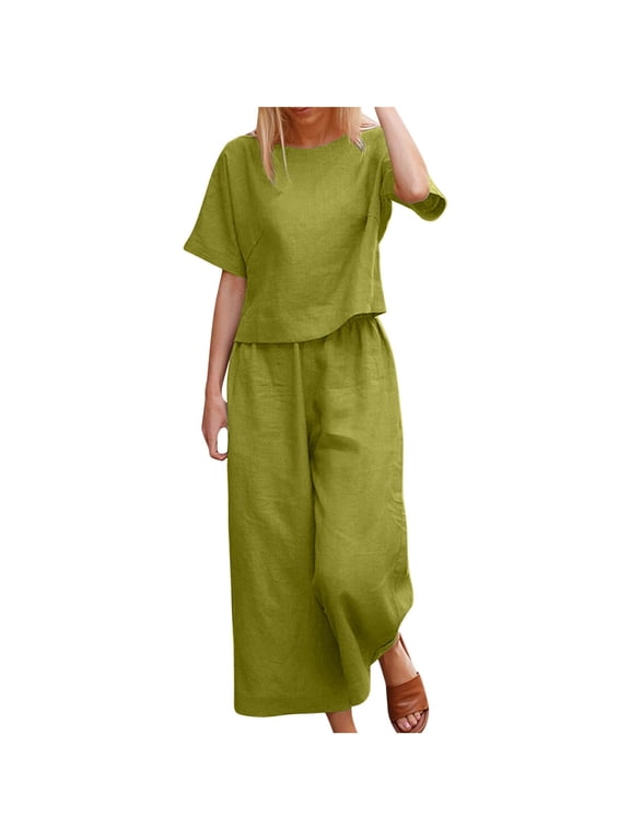 Fashion Plus Size 2 Picec of Sets for Womens Round Neck Short Sleeve Tops Pants Casual Suit Sets