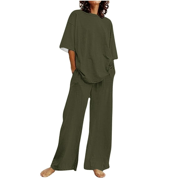 Fashion Plus Size 2 Picec of Sets for Womens Solid Color Casual Short Sleeved Top With Pants And Round Neck Set