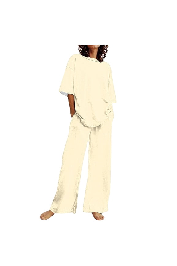 Fashion Plus Size 2 Picec of Sets for Womens Solid Color Casual Short Sleeved Top With Pants And Round Neck Set