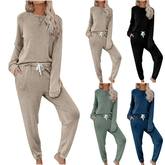 Fashion Plus Size 2 Picec of Sets for Womens Summer and Fall Printing Round Neck Long Sleeve Two-piece Comfortable Home Pajamas Pocket Set Sports Set