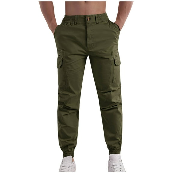 Fashion Plus Size Casual Pants for Mens Big and Tall Solid Color Cargo Pockets Elastic Rope Waist Casual Cargo Pants Full Length Pants Save to 65% off!