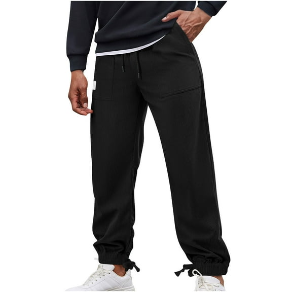 Fashion Plus Size Casual Pants for Mens Solid Color Pocket Drawstring Casual Straight Tube Corn Kernels Bound Leg Pants Thickened 50% off