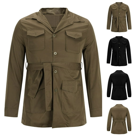 Fashion Plus Size Coats for Mens Fall Multiple Pockets Medium And Long Styles Windbreaker Solid Long Sleeves No Hat Casual Loose Coat