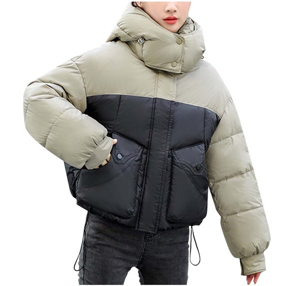 Fashion Plus Size Hooded Coats for Womens Winter Warm Solid Color Blocked Short Style Loose And Thick Hooded Pocket Zipper Jacket Long Sleeved Jacket