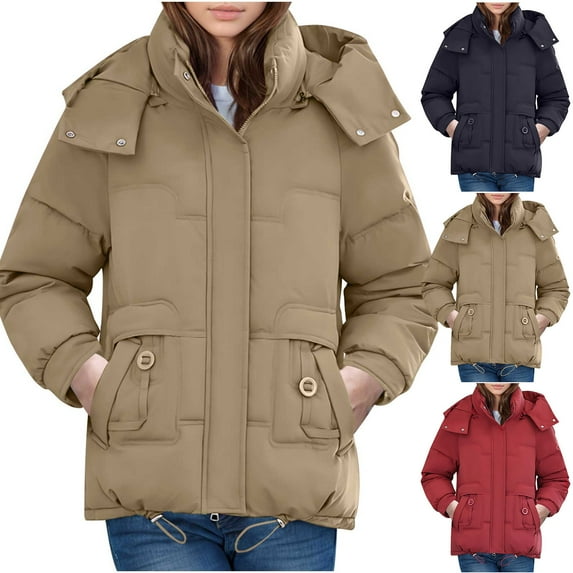 Fashion Plus Size Hooded Coats for Womens Winter Warm Solid Color Down Jacket Short Jacket Winter Hat Detachable Thick Warm Fashion Coat Coat