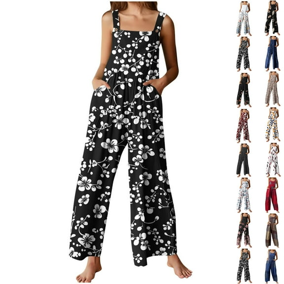 Fashion Plus Size Jumpsuit for Womens Flower Printing Button Pocket Jumpsuits Jeans Jumpsuit 50% off Clearance!