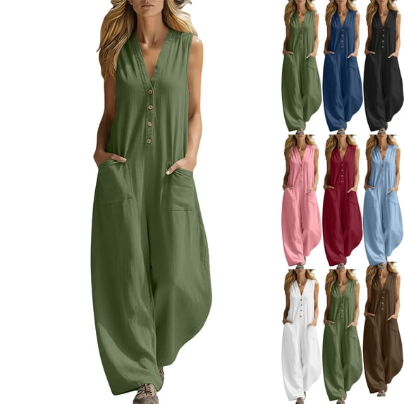Summer Jumpsuit for Womens Oversize Fashion Casual Cotton and Linen Solid Color Sleeveless Jumpsuit