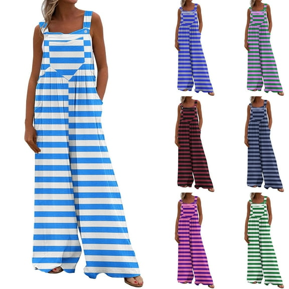 Fashion Plus Size Jumpsuits for Women Casual Summer Printed Jumpsuit Casual Button Pocket Sleeveless Wide Leg Trousers