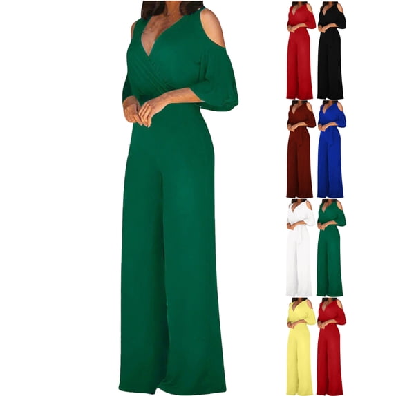 Fashion Plus Size Jumpsuits for Women Casual Summer Wide Leg Pants Solid Short Sleeve V-Neck Tops Jumpsuits 50% off Clearance!