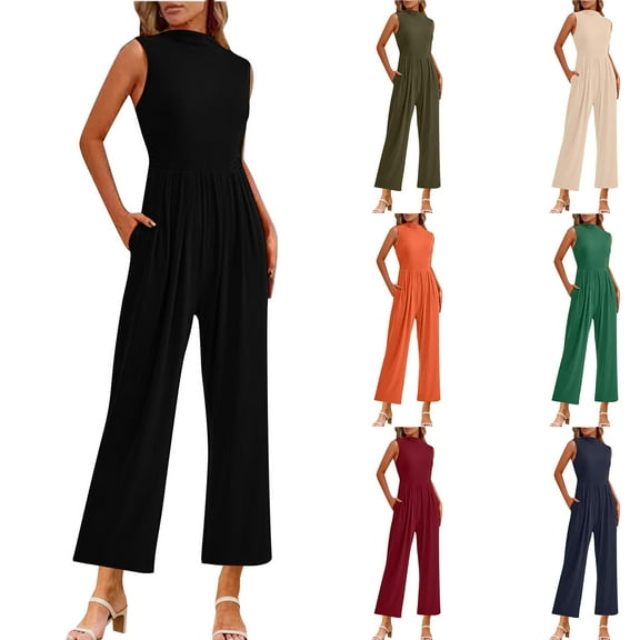 Fashion Plus Size Jumpsuits for Women with Sleeves Summer Casual Jumpsuit Sleeveless Wide Leg Jumpsuit With Pockets