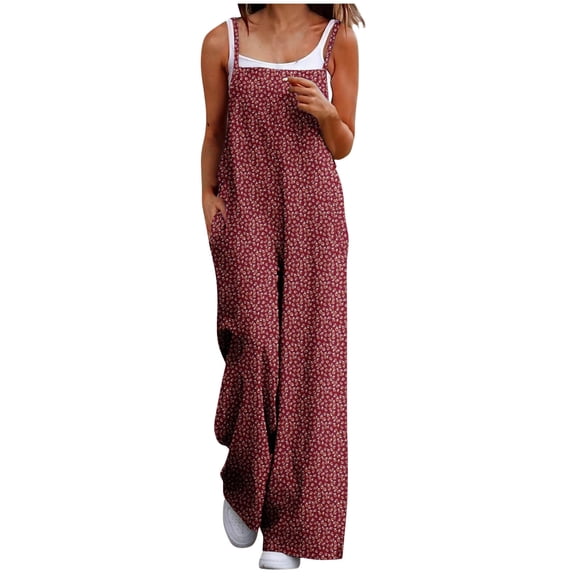 Fashion Plus Size Jumpsuits for Women with Sleeves Summer Casual Loose Printed Pockets Sleeveless Back Strap Jumpsuit