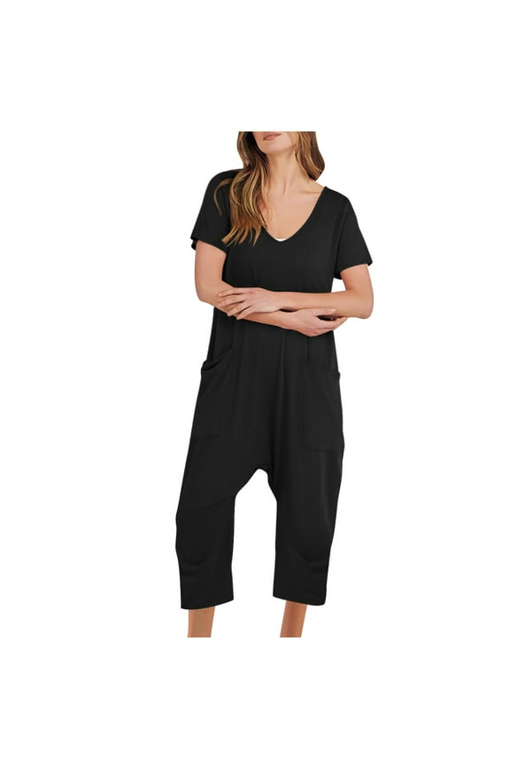 Fashion Plus Size Jumpsuits for Women with Sleeves Summer Casual Short Sleeve Jumpsuit Solid Jumpsuits Wide Pocket Leg Pant Clearance Under 5$!
