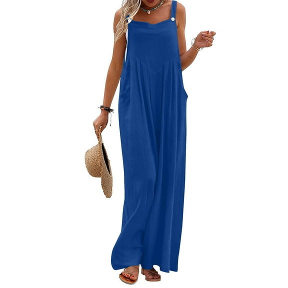 Fashion Plus Size Jumpsuits for Women with Sleeves Summer Printed Jumpsuit Casual Button Pocket Sleeveless Wide Leg Trousers