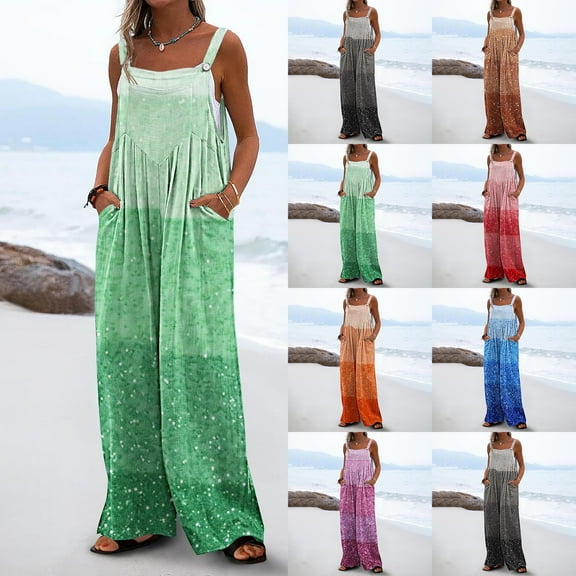 Fashion Plus Size Jumpsuits for Women with Sleeves Summer Printed Jumpsuit Casual Button Pocket Sleeveless Wide Leg Trousers