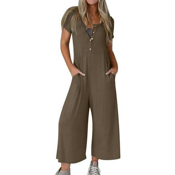 Fashion Plus Size Jumpsuits for Women with Sleeves Summer Solid Color Short-Sleeved Casual Wide-Leg Jumpsuit With Button Pockets