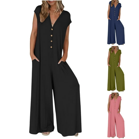 Fashion Plus Size Jumpsuits for Women with Sleeves Summer Solid Color Short-Sleeved Casual Wide-Leg Jumpsuit With Button Pockets