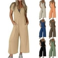 thumbnail image 1 of Fashion Plus Size Jumpsuits for Women with Sleeves Summer Solid Color Short-Sleeved Casual Wide-Leg Jumpsuit With Button Pockets, 1 of 9