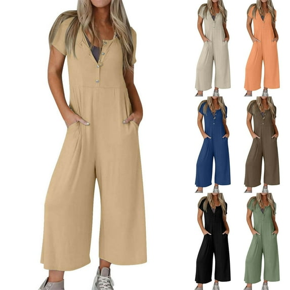 Fashion Plus Size Jumpsuits for Women with Sleeves Summer Solid Color Short-Sleeved Casual Wide-Leg Jumpsuit With Button Pockets