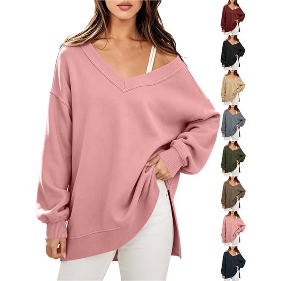 Fashion Plus Size Off Shouder Sweatshirts for Women Solid Color V-Neck Drop Shoulder Long Sleeve Blouse With Side Slit Hem Casual Relaxed Top