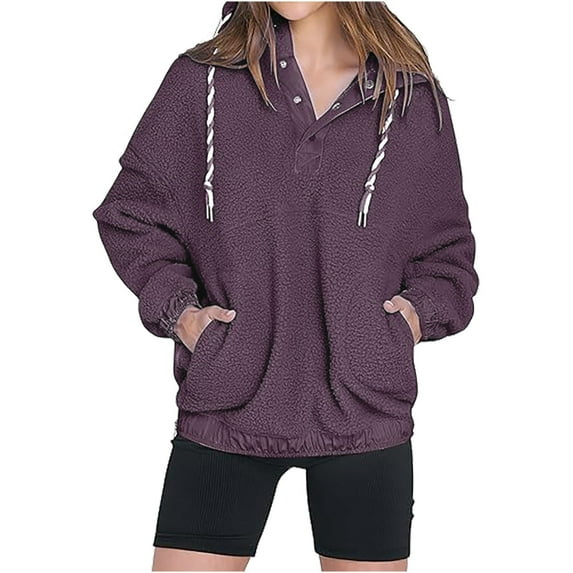 Fashion Plus Size Pullover Hoodie for Womens Zip Up Fuzzy Fleece Hoodie Oversized Sweatshirt Cozy Button Sweater Pullover With Pocket