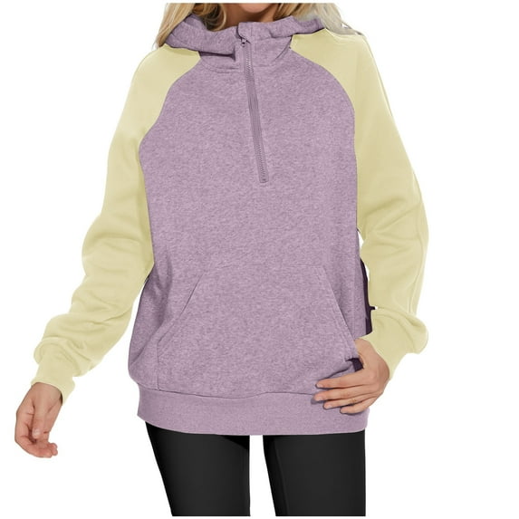 Fashion Plus Size Pullover Hoodie for Womens Zip Up Solid Color Blocked Loose Long Sleeved Hoodie Sweatshirt Long Sleeved-neck Top/shirt