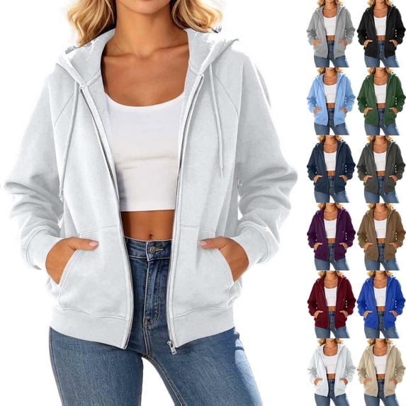 Fashion Plus Size Pullover Hoodie for Womens Zip Up Solid Color Pockets Zipper Long Sleeved Regular Top Hooded Sweatshirts Coat Outwear