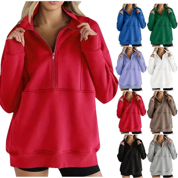 Fashion Plus Size Pullover Hoodie for Womens Half Zip Casual Loose Long-sleeved Solid Color Hooded Sweater With Pockets