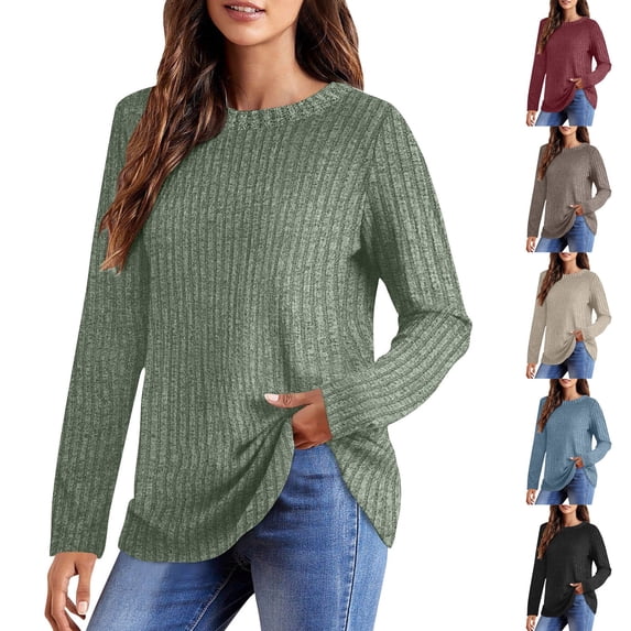 Fashion Plus Size Shirts Tops for Womens Casual Loose Round Neck Brushed Ribbed Solid Color Top Long Sleeve T-shirt