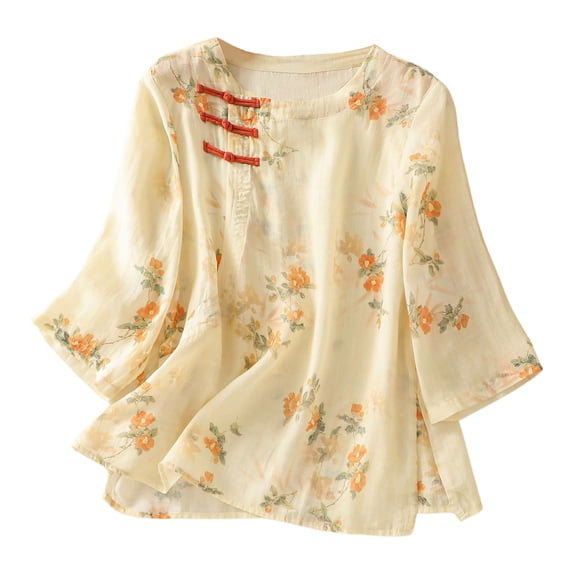 Fashion Plus Size Shirts Tops for Womens Summer Round Neck Button Print Pullover Shirt