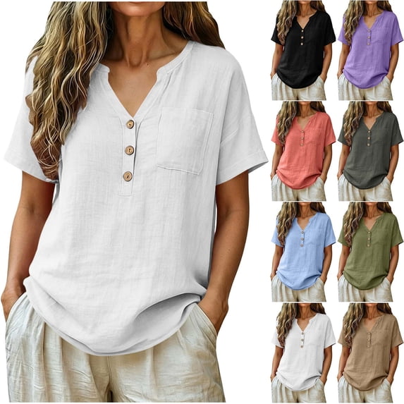 Fashion Plus Size Shirts for Womens Cotton And Linen Spring And Summer Imitation V-neck Short-sleeved Button-pocket Solid Color Top