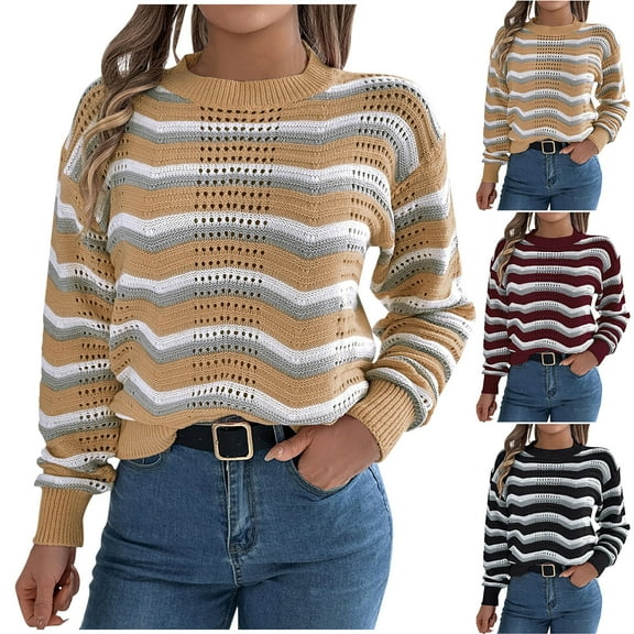 Fashion Plus Size Tops for Womens Fall Casual Oversize Stripe Round-Neck Hooded Long Sleeved Blouse Sweater