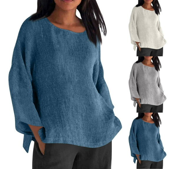 Fashion Plus Size Tops for Womens Fall Solid Color Crew Neck Long Sleeve Casual Shirt/Tops