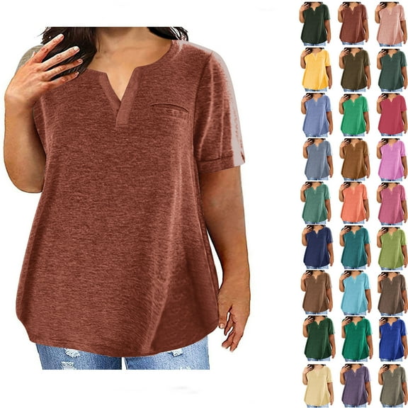 Fashion Plus Size Tops for Womens Summer V-Neck Blouse Lace Solid Color Casual Loose Short Sleeve Blouse